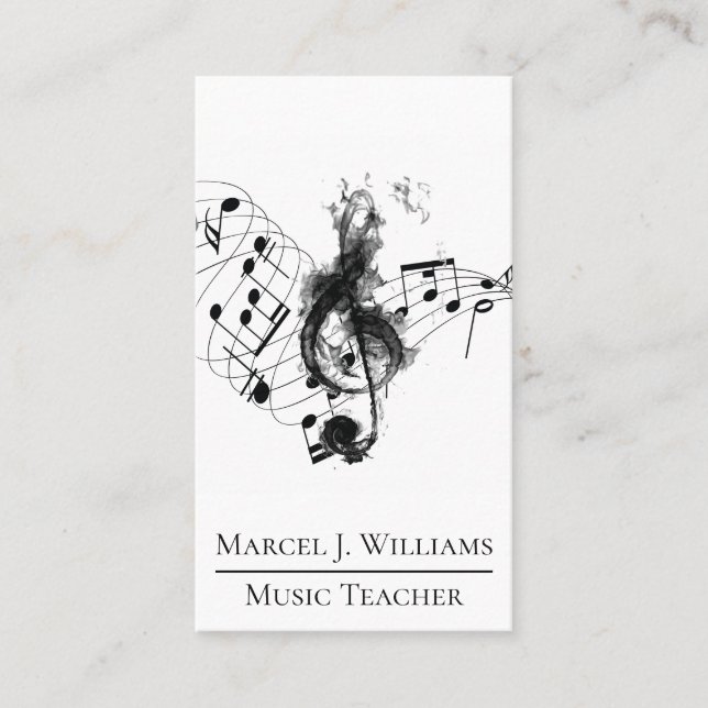 Music Teacher Black and White Professional Business Card (Front)