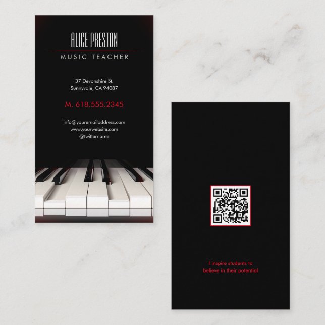Music Teacher | Black White Piano Business Card (Front/Back)