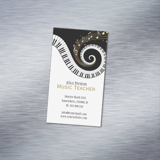 Music Teacher | Elegant Spiral Clack White Piano Magnetic Business Card (In Situ)