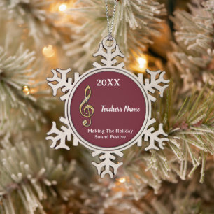 Music Teacher Gold Treble Clef Festive Holiday Snowflake Pewter Christmas Ornament