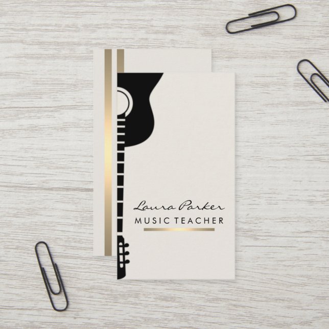 Music Teacher Guitar Player instrument Gold Business Card (Front/Back In Situ)