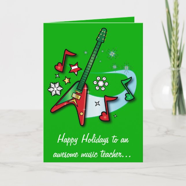 Music Teacher Holiday with Red and Green Guitar (Front)