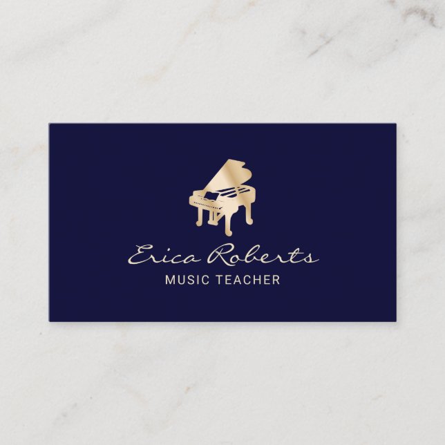 Music Teacher Navy & Gold Piano Musical Business Card (Front)