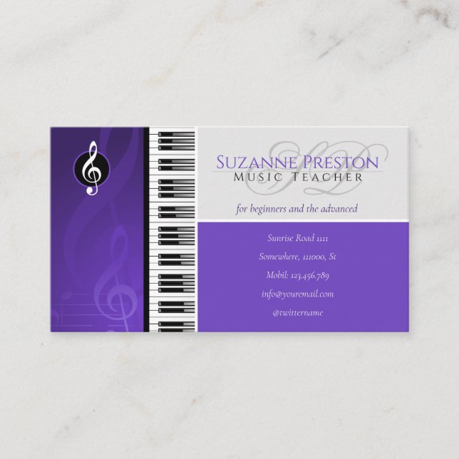 Music Teacher | Piano Keys Purple Business Card (Front)