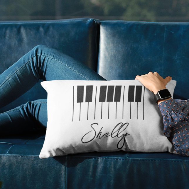 Music Teacher Piano Student Keyboard Name Accent Pillow (Piano keyboard black and white pillow with personalized name in script)