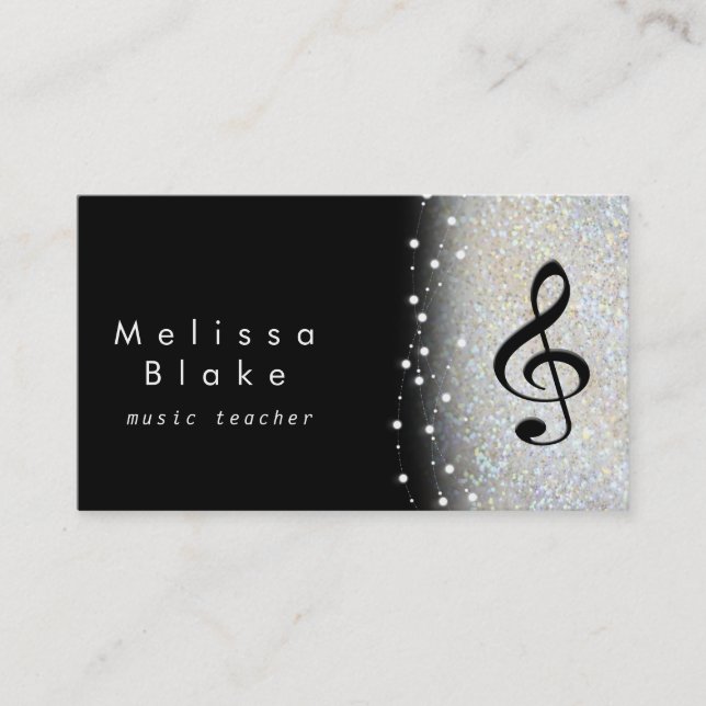 music teacher silver shade faux glitter business card (Front)