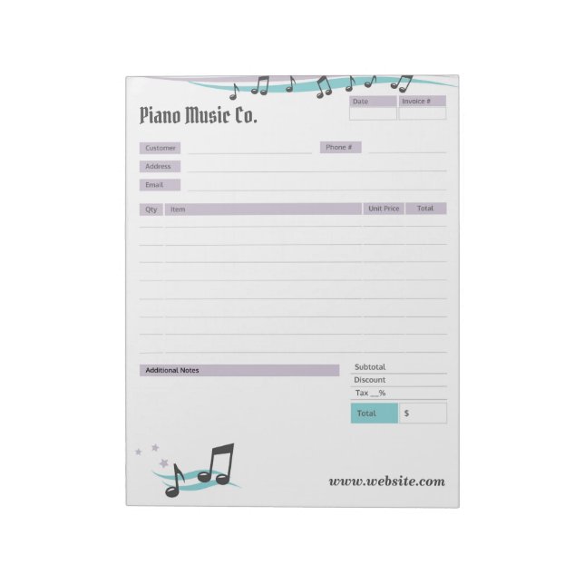 Music Teacher Theme Order Form and Invoice Notepad (Rotated)