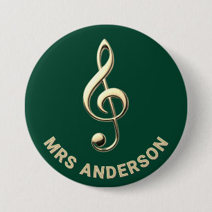 Music Teacher Treble Clef Green Personalized Name 3 Inch Round Button