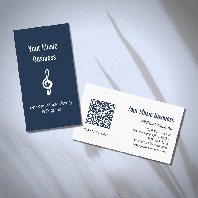 Music Teacher Treble Clef QR code Navy Blue  Business Card (Creator Uploaded)