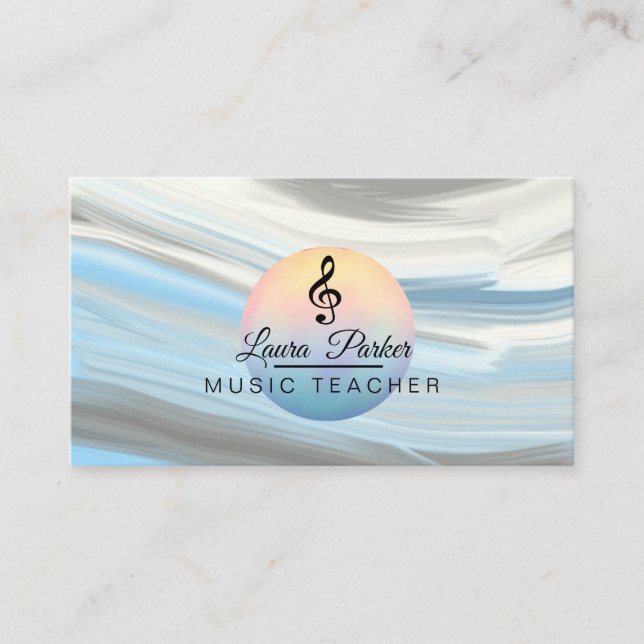 Music Teacher Treble Note Blue Sound Waves Business Card (Front)