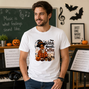 Music Teacher Witch Needs Coffee Funny Halloween T-Shirt