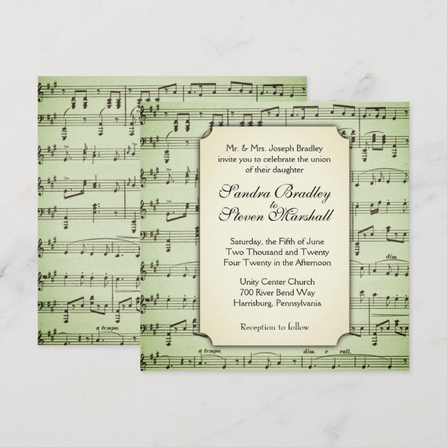 Music Theme Wedding Invitation Green (Front/Back)
