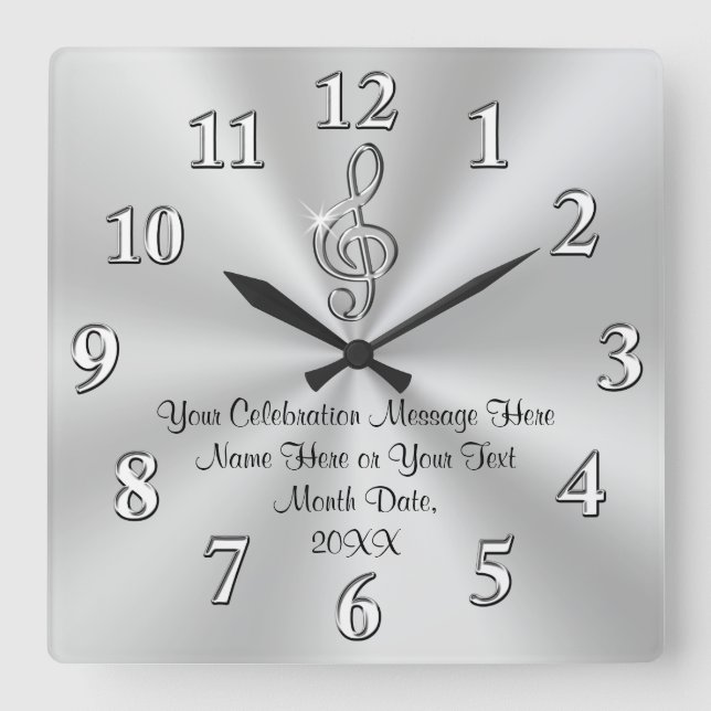 Music Themed Wall Clock, Silver Treble Clef Decor Square Wall Clock (Front)