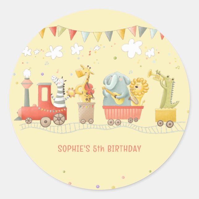 Music train with wild animals kids birthday classic round sticker (Front)