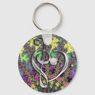 Music Treble Bass Clef Heart on Colourful Fractal Keychain