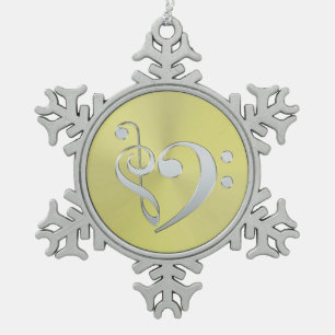 Music Treble Bass Clef Heart on Metallic Snowflake Pewter Christmas Ornament