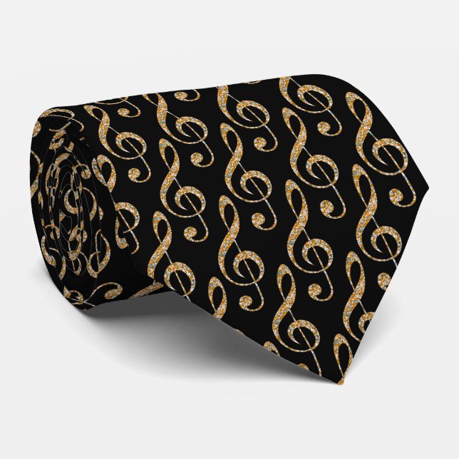 Music Treble Clef Pattern in Gold and Black Tie (Rolled)