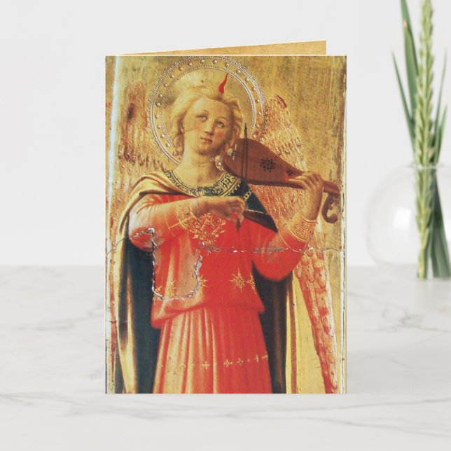 MUSICAL ANGEL IN RED AND GOLD HOLIDAY CARD (Front)