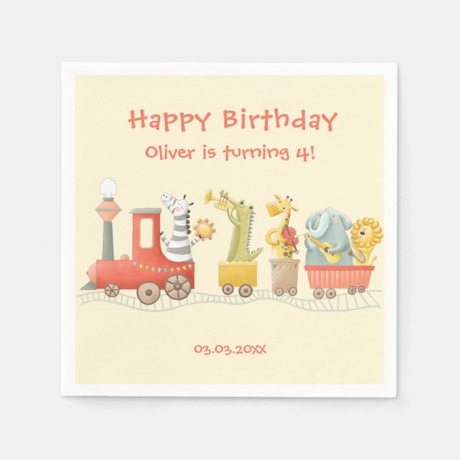 Musical Animal Train Birthday Napkin (Front)