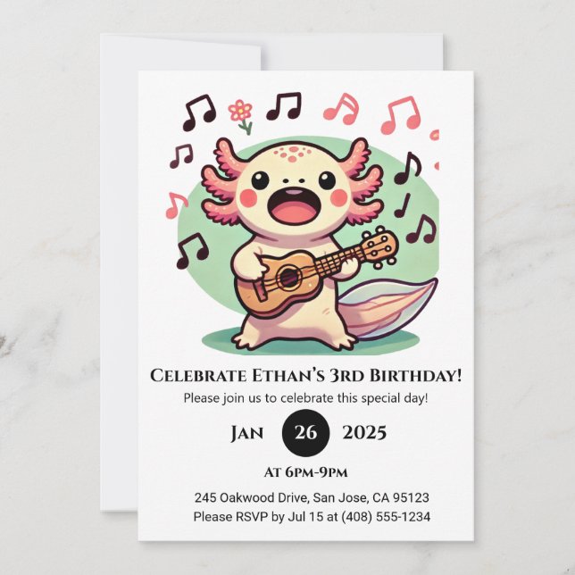 Musical Axolotl with Ukulele Birthday Invitation (Front)