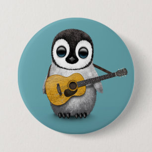 Musical Baby Penguin Playing Guitar Blue 3 Inch Round Button