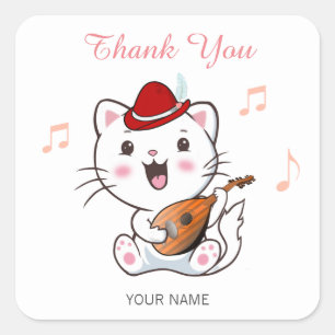 Musical Bard Cat with Mandolin Thank You Square Sticker