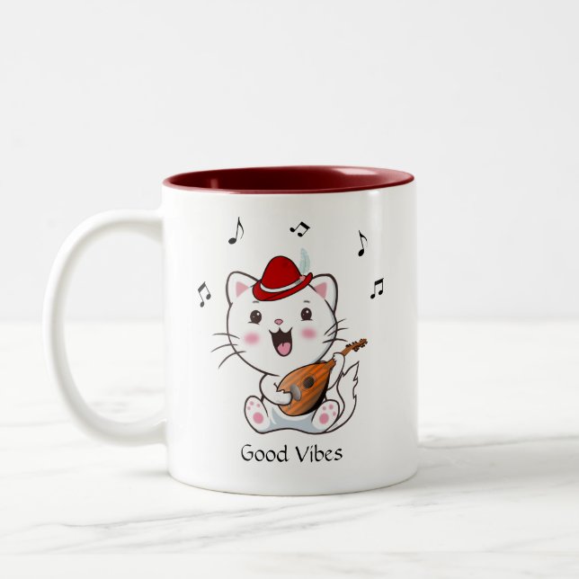 Musical Bard Kitty Cat with Mandolin Two-Tone Coff Two-Tone Coffee Mug (Left)