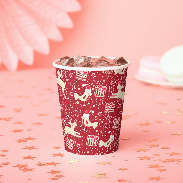 Musical birds and reindeer red Christmas cups (Insitu)