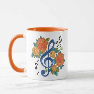 Musical Blue Clef Music Note Floral Design Orange Mug