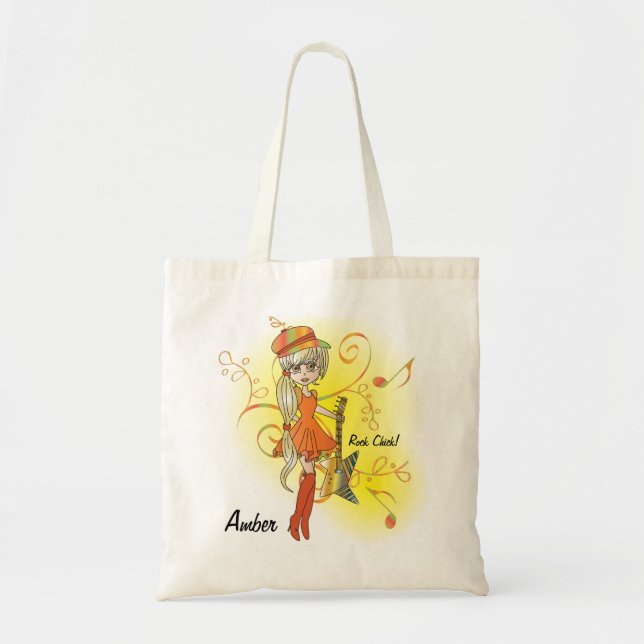 Musical Cartoon Rock Chick | DIY Text Tote Bag (Front)