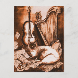 MUSICAL CAT AND OWL ,Brown and White Postcard