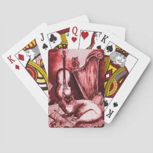 MUSICAL CAT AND OWL ,Red Pink and White Music Playing Cards