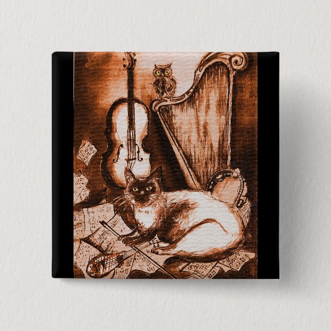 MUSICAL CAT ,Brown and White Black 2 Inch Square Button (Front)