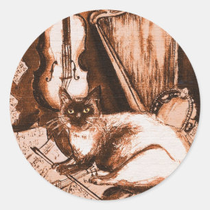 MUSICAL CAT ,Brown and White Classic Round Sticker