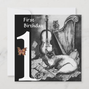 MUSICAL CAT First Birthday Party, Black White Invitation