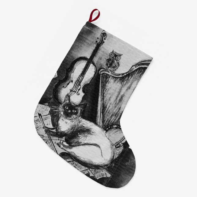 MUSICAL CAT,OWL VIOLIN AND HARP,BLACK WHITE MUSIC LARGE CHRISTMAS STOCKING (Front (Hanging))