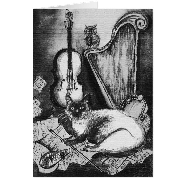 MUSICAL CAT,OWL,VIOLIN,HARP Black White Grey Music (Front)