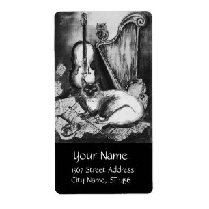 MUSICAL CAT,OWL,VIOLIN,HARP Black White Grey Music