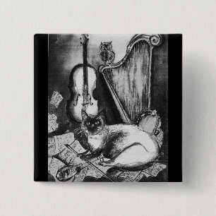 MUSICAL CAT,OWL,VIOLIN,HARP Black White Grey Music 2 Inch Square Button