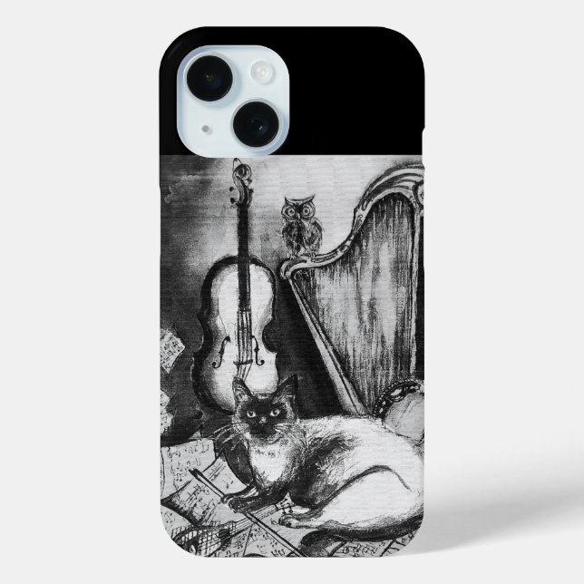 MUSICAL CAT,OWL,VIOLIN,HARP Black White Grey Music Case-Mate iPhone Case (Back)