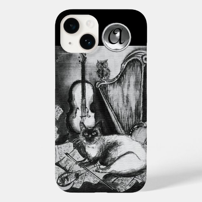 MUSICAL CAT,OWL,VIOLIN,HARP Black White Grey Music Case-Mate iPhone Case (Back)