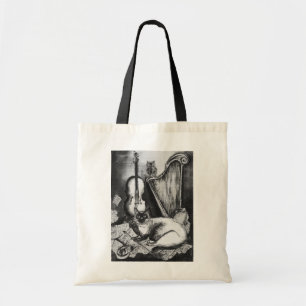 MUSICAL CAT,OWL,VIOLIN,HARP Black White Grey Music Tote Bag