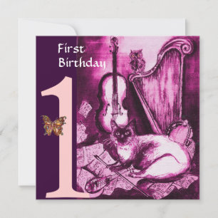 MUSICAL CAT Pink Fuchsia  First Birthday Party Invitation