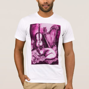 MUSICAL CAT , Pink Fuchsia Purple  and White T-Shirt