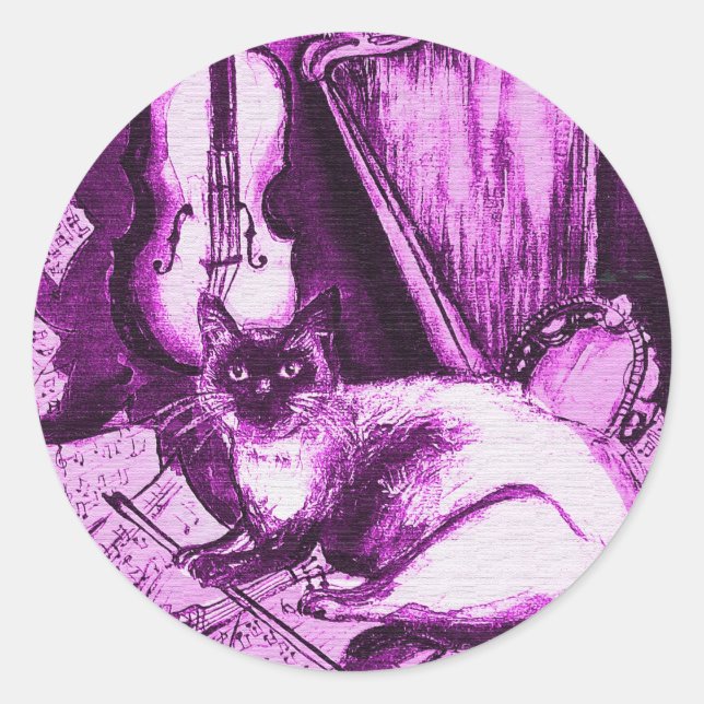 MUSICAL CAT ,Pink Purple Violet and White Classic Round Sticker (Front)