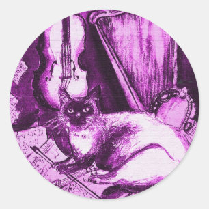 MUSICAL CAT ,Pink Purple Violet and White Classic Round Sticker