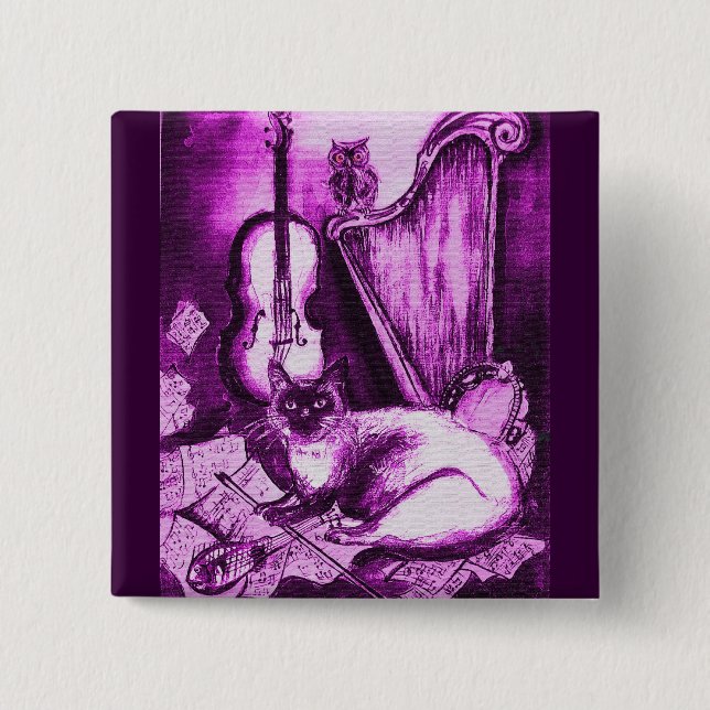 MUSICAL CAT ,Purple Violet and White 2 Inch Square Button (Front)