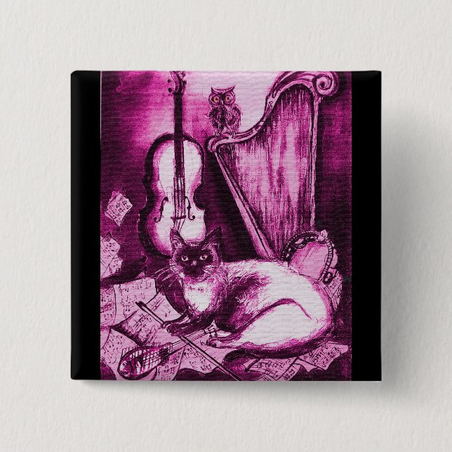MUSICAL CAT ,Purple Violet and White Black 2 Inch Square Button (Front)