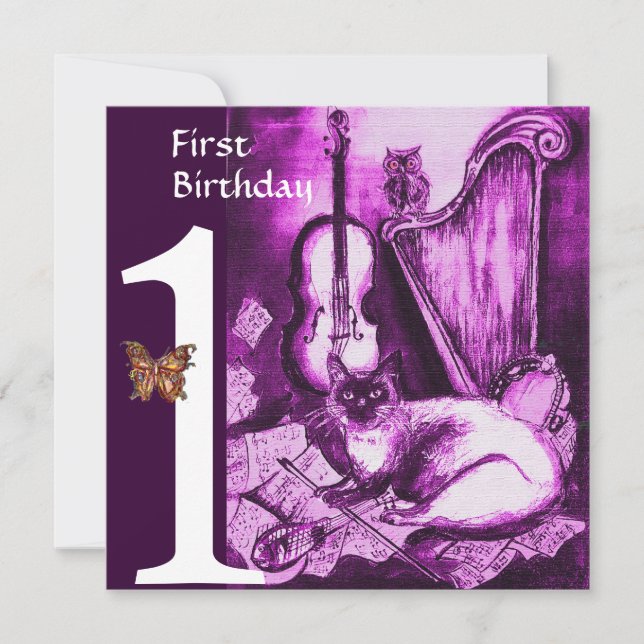 MUSICAL CAT Purple Violet First Birthday Party Invitation (Front)