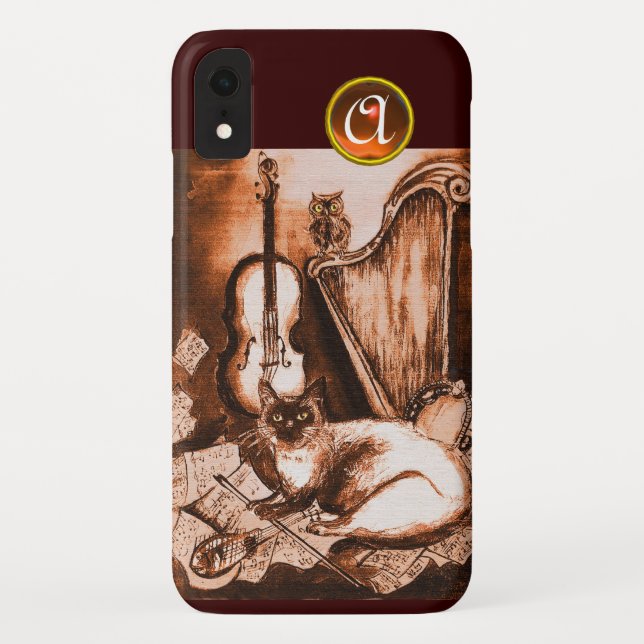 MUSICAL CAT WITH OWL IN BROWN SEPIA  GEM MONOGRAM Case-Mate iPhone CASE (Back)